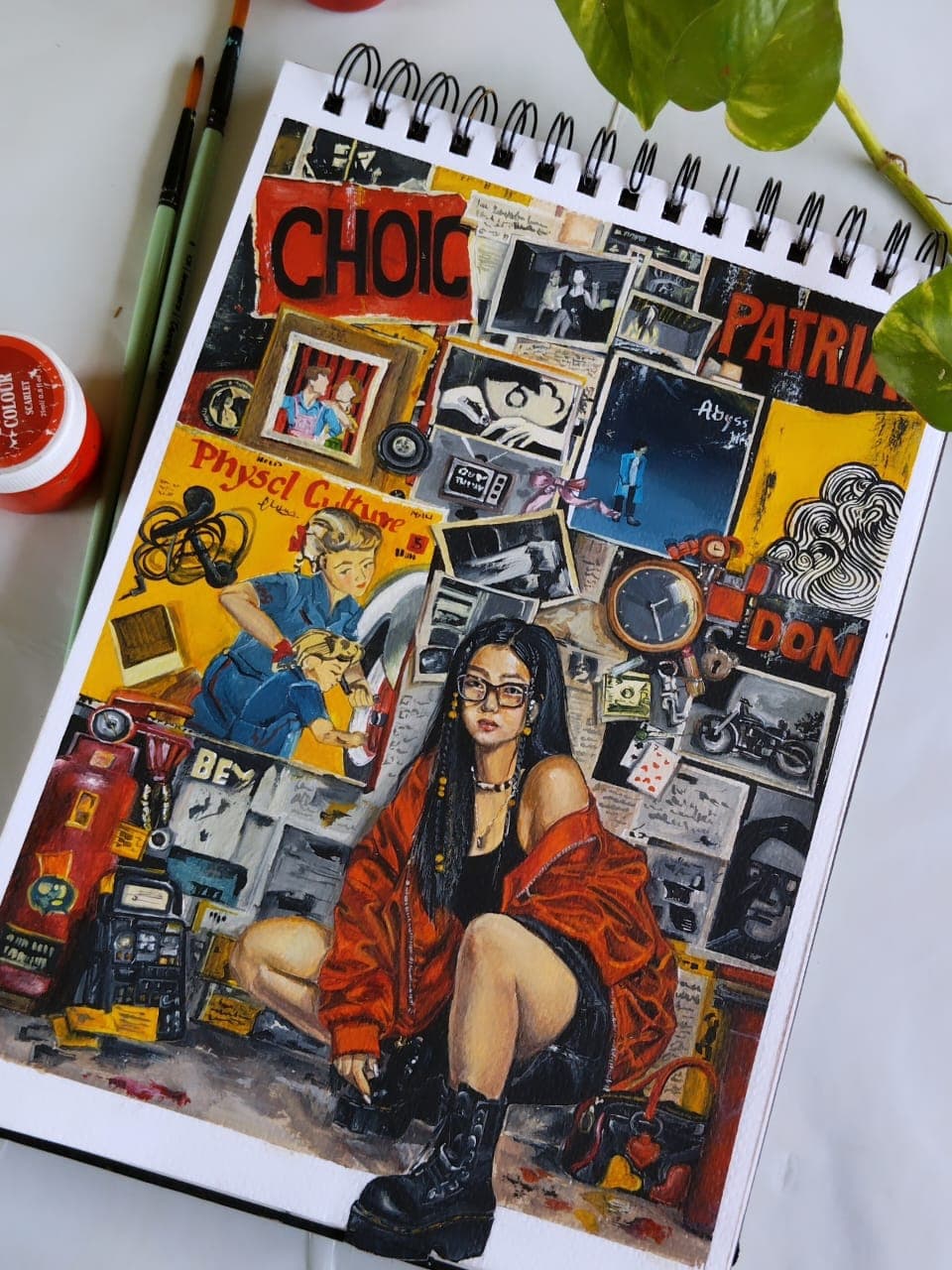 Diva's self-portrait collage surrounded by artwork