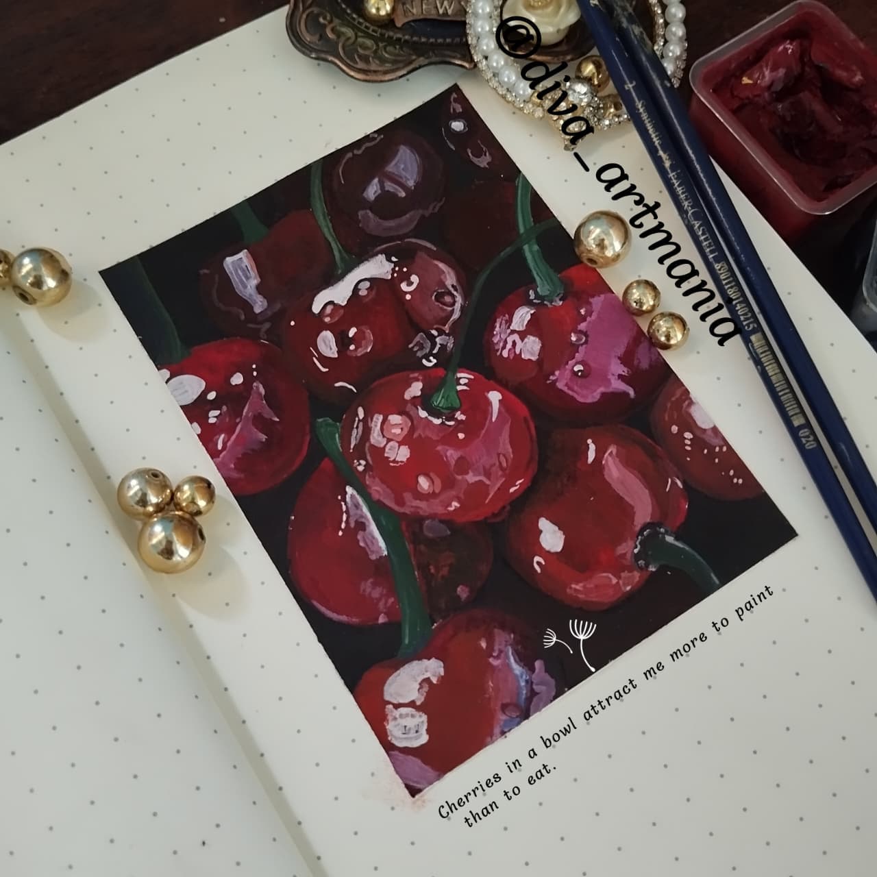 Painting of glossy red cherries