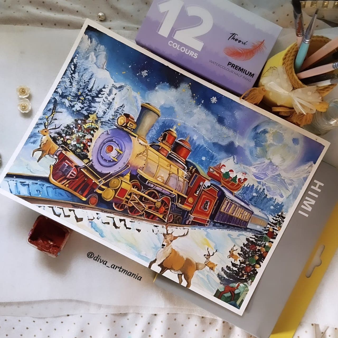 Painting of a Christmas train moving through snow