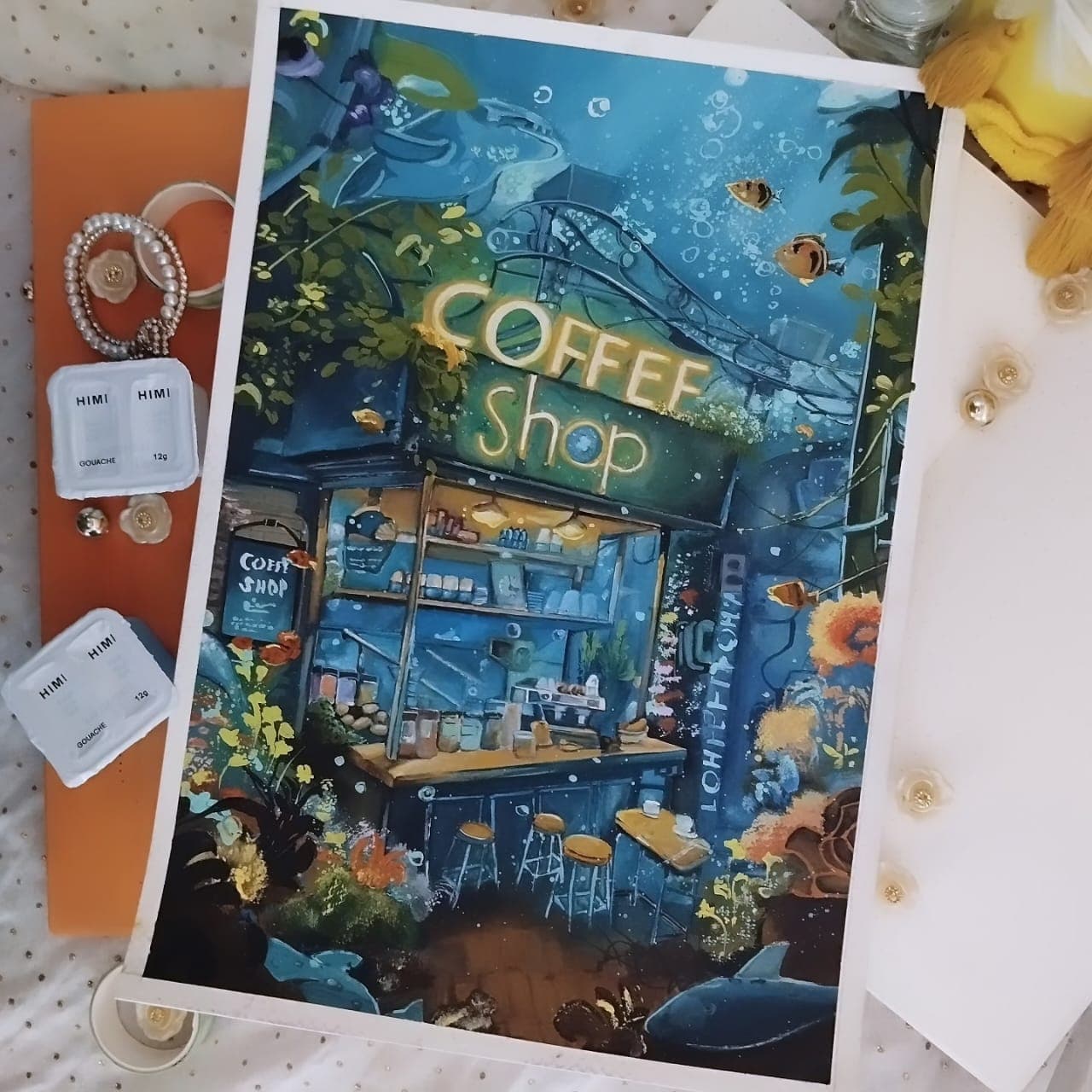 Surreal coffee shop artwork