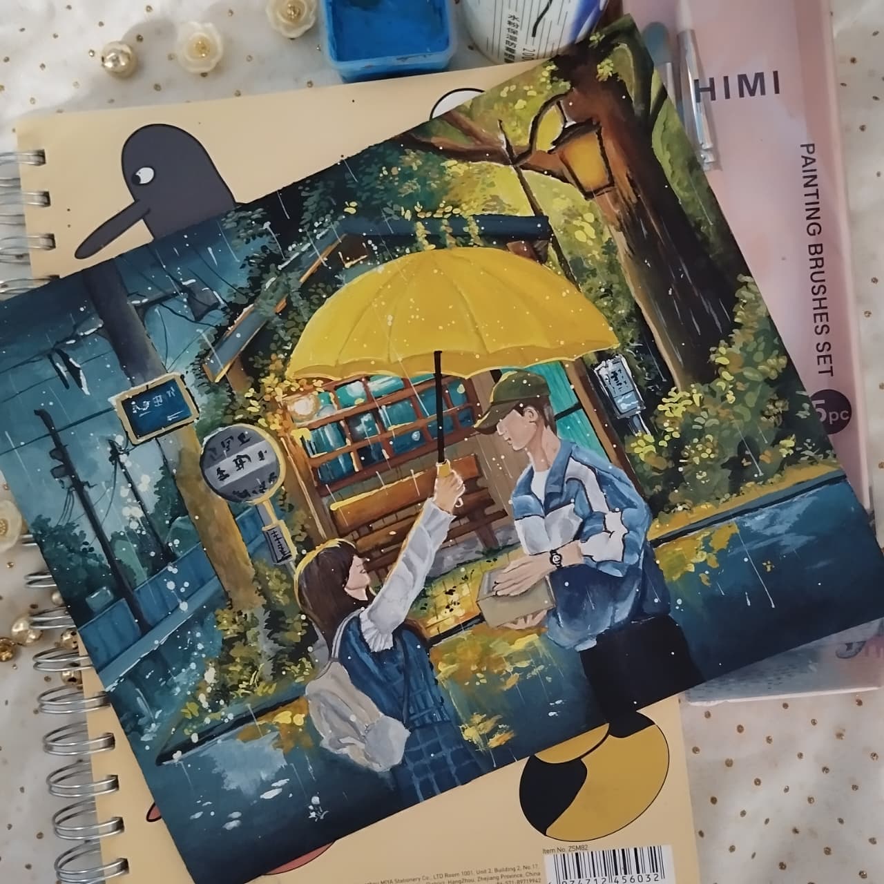 Painting of a couple sharing a yellow umbrella