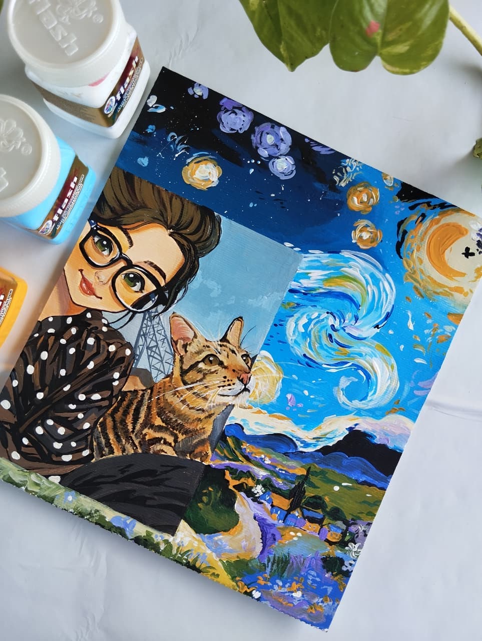 Painting of a girl and cat beneath a starry landscape