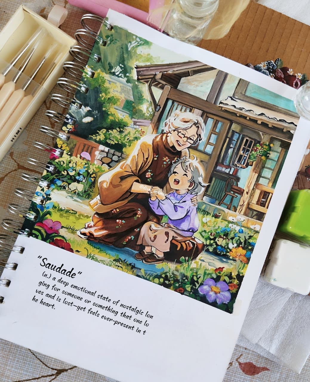 Grandmother and grandchild painted in a garden