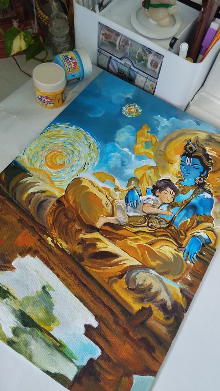 Painting of Krishna and Arjuna in a dramatic scene