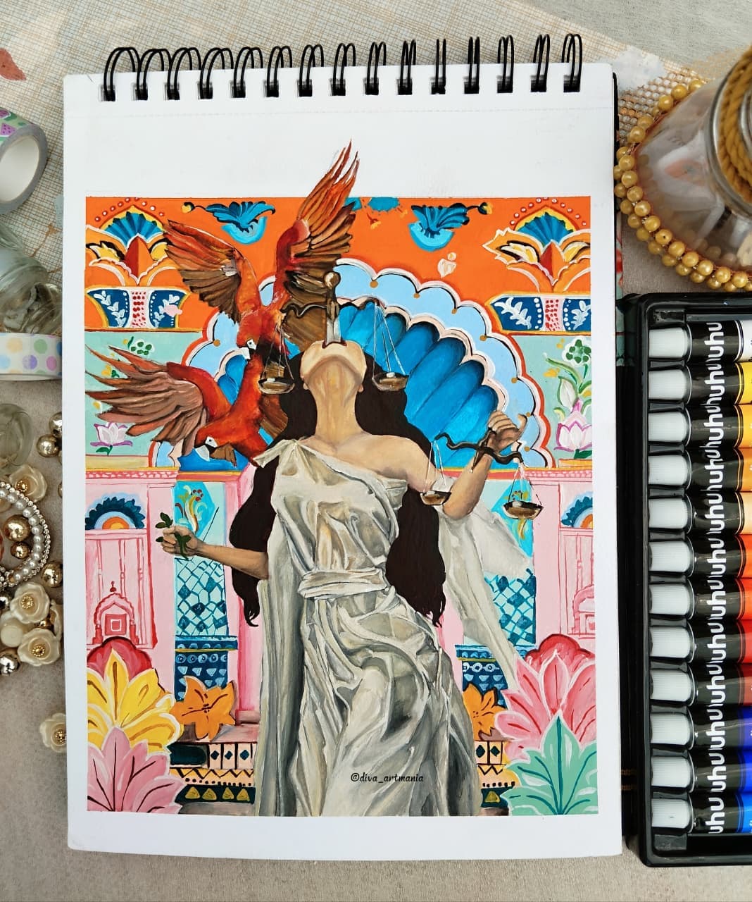 Symbolic painting of Lady Justice surrounded by birds