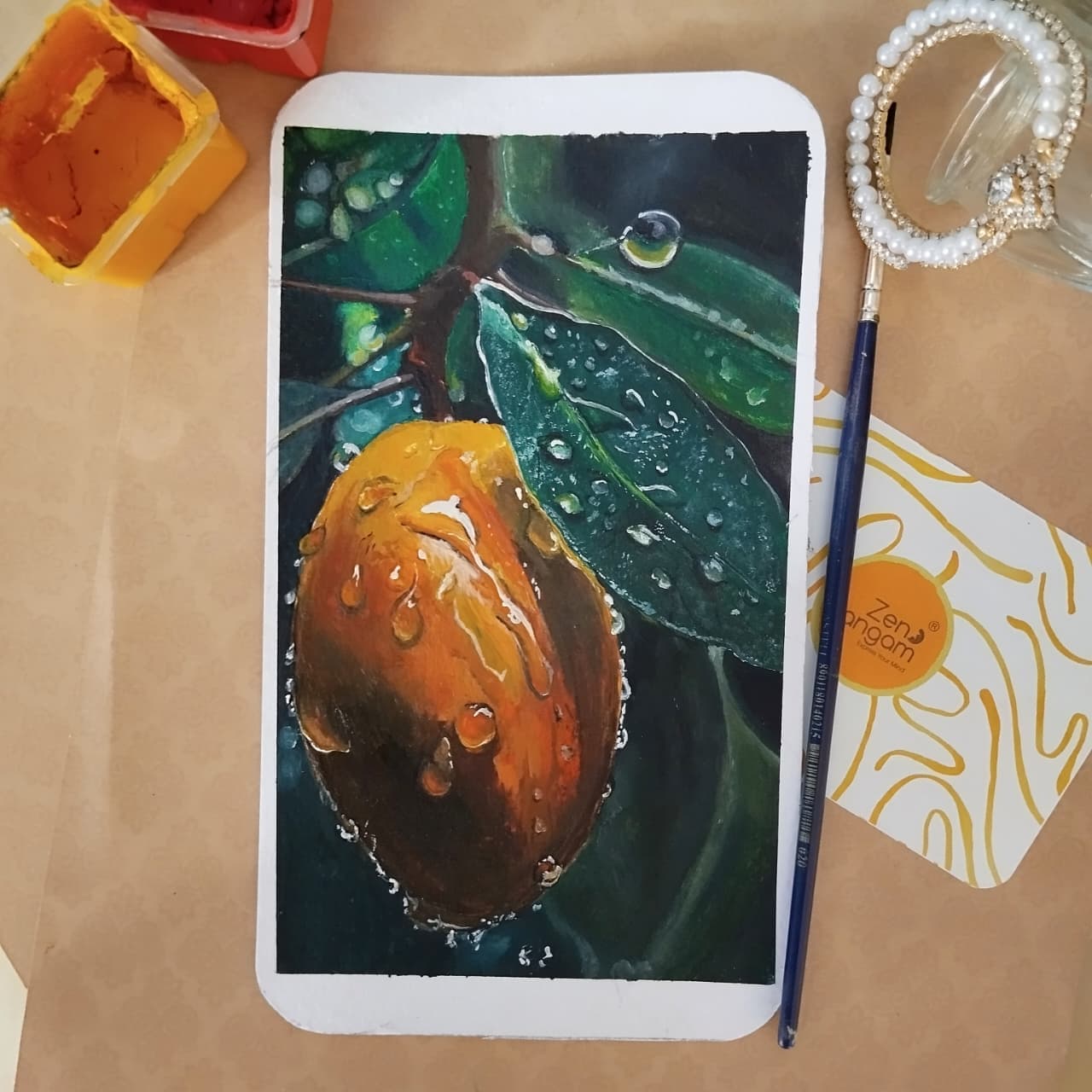Painting of an orange with water drops