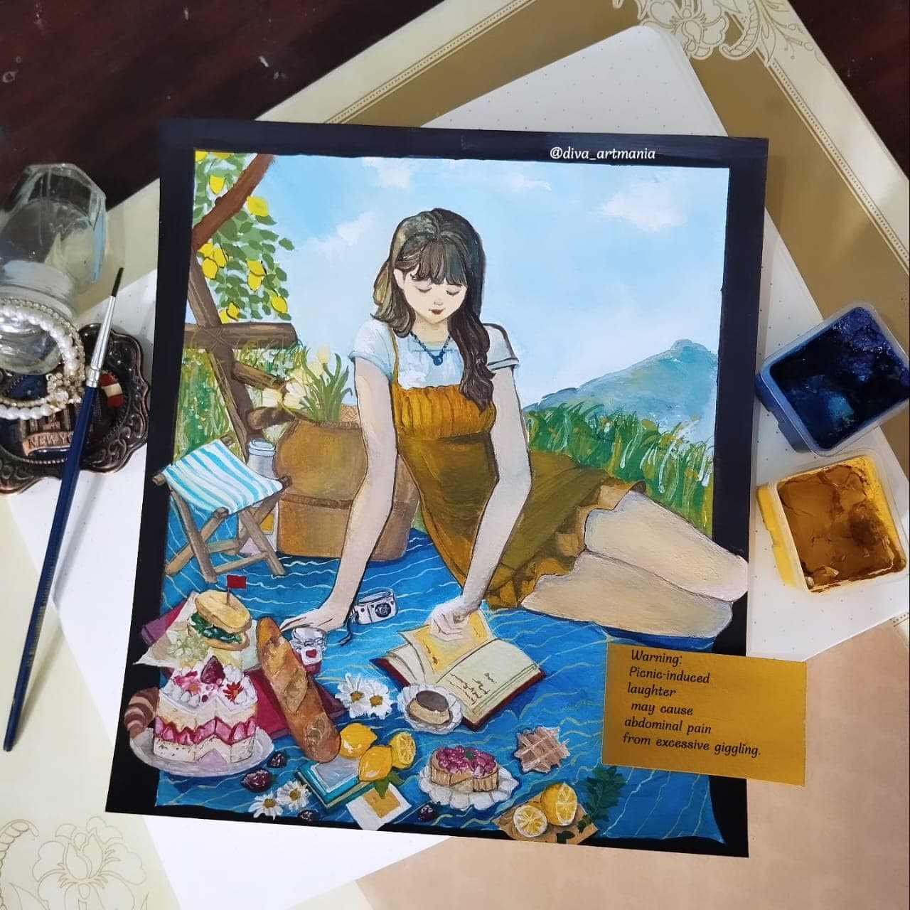 Painting of a woman having a picnic beside a lake