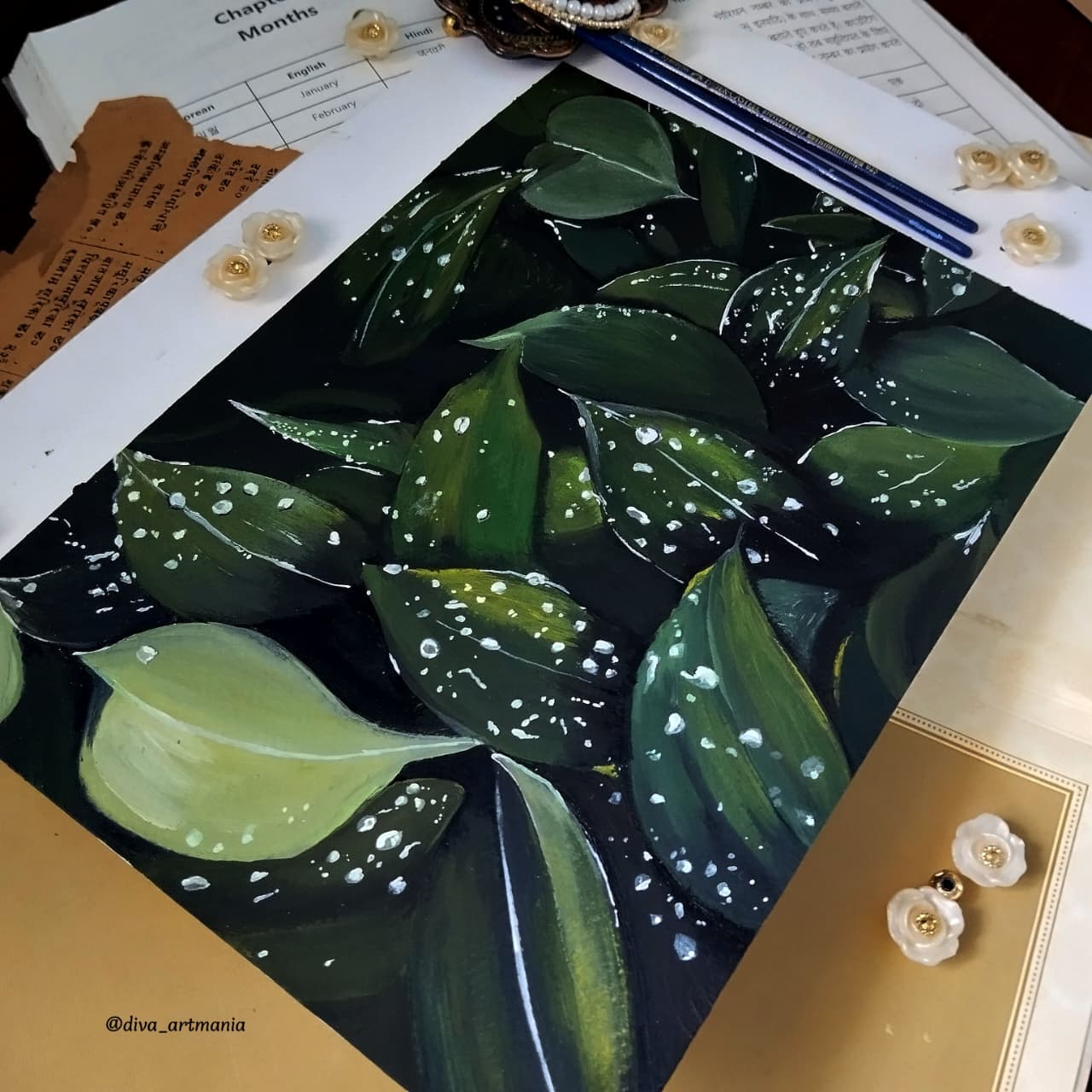Painting of tropical leaves covered in rain