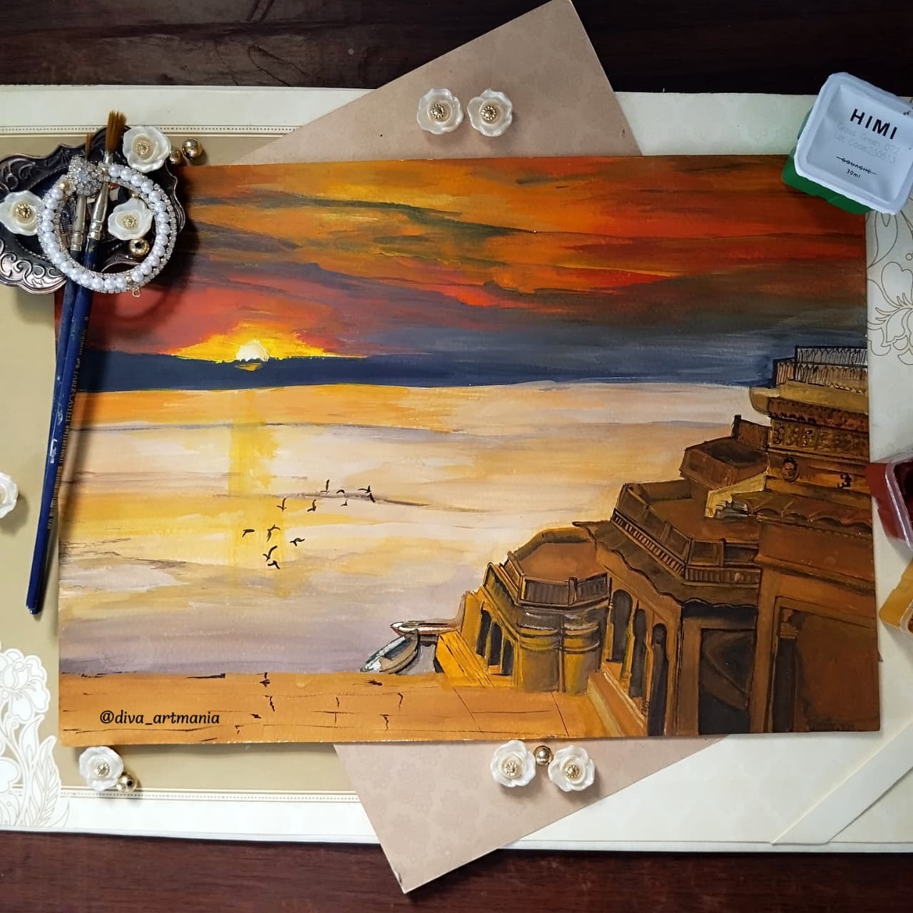 Painting of a river at sunset with birds and city steps
