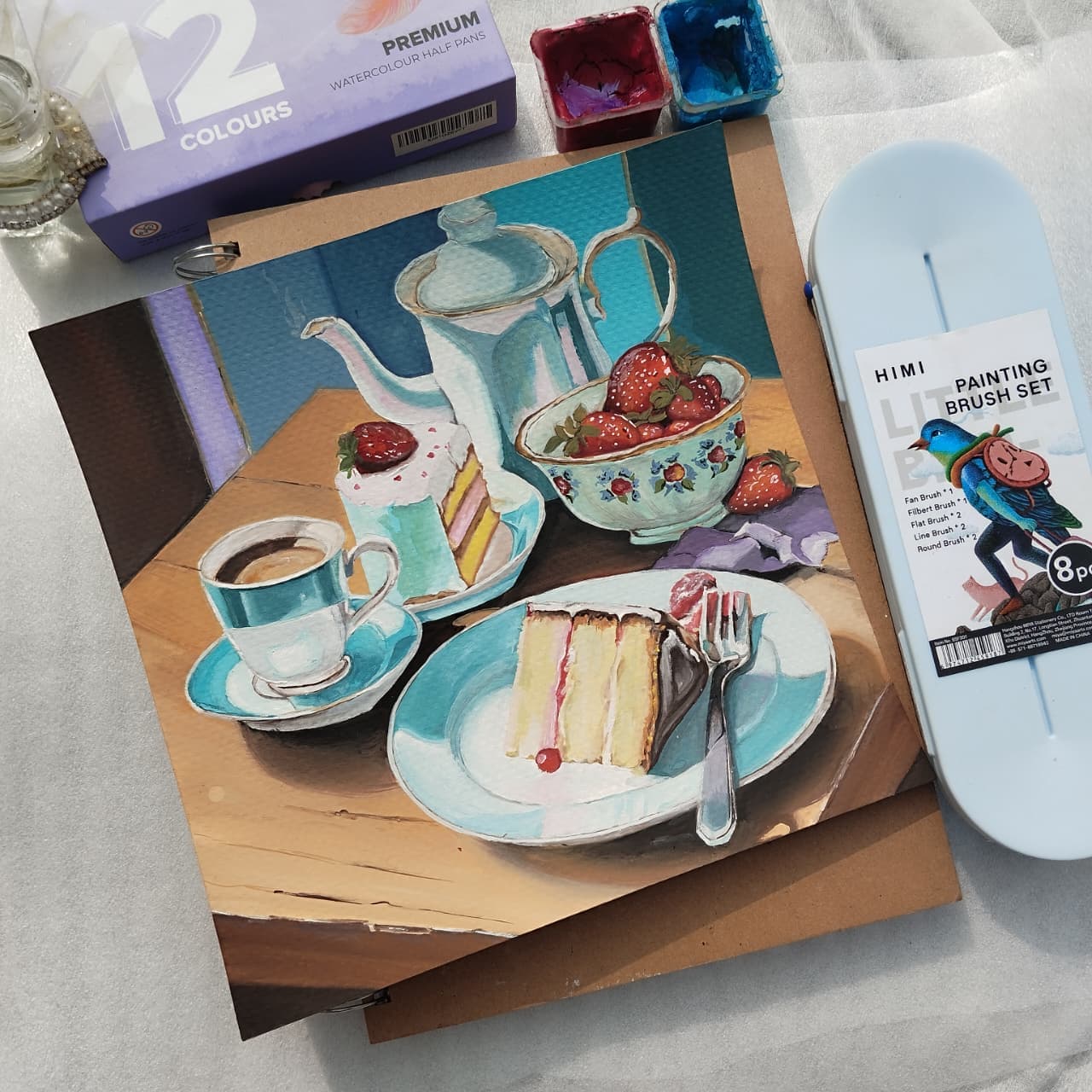 Painting of tea, strawberries and cake