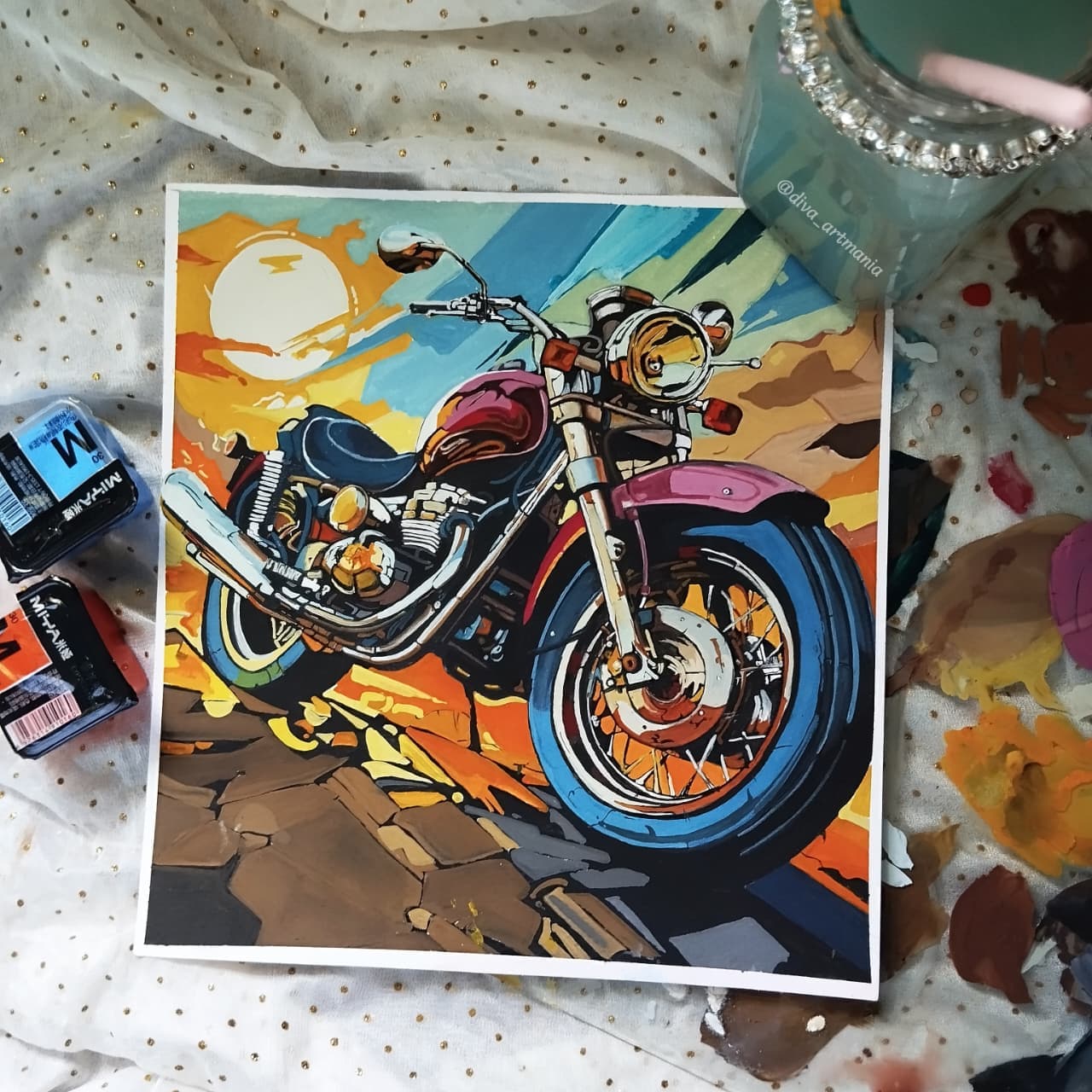 Painting of a vintage motorcycle at sunset