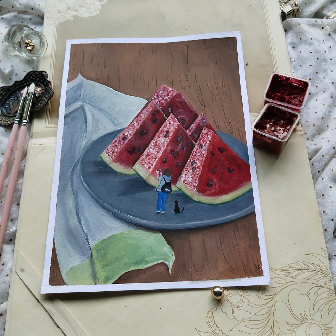 Painting of watermelon slices on a plate