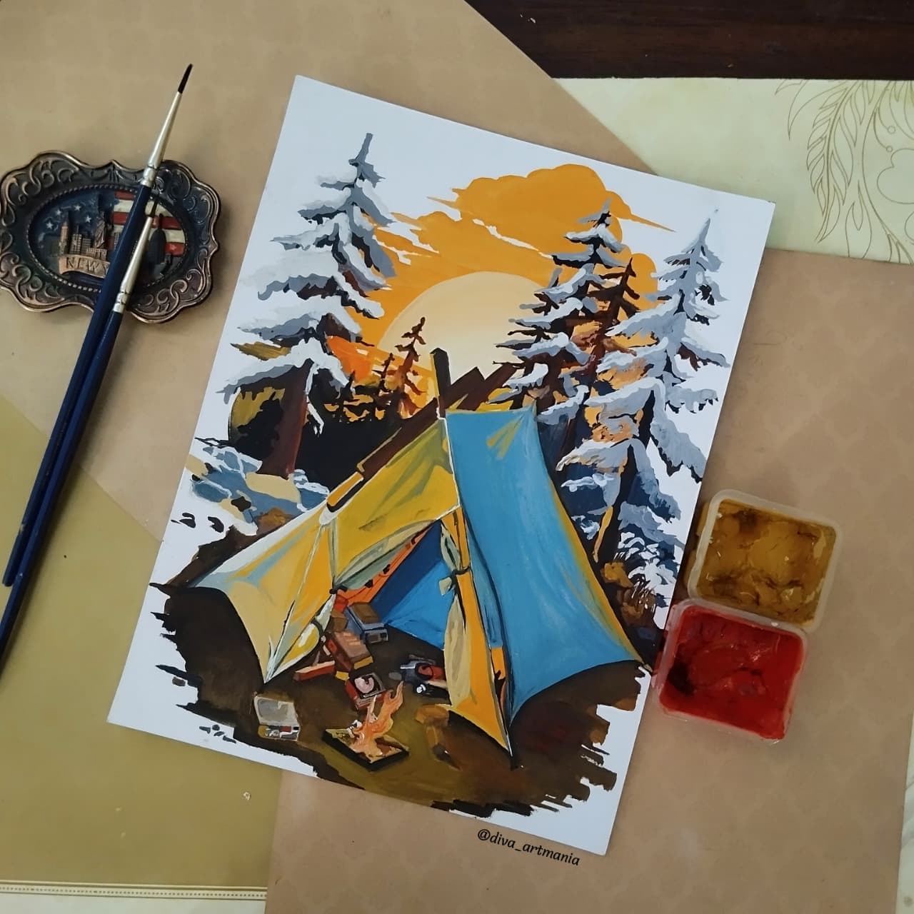 Painting of a winter campsite beneath pine trees