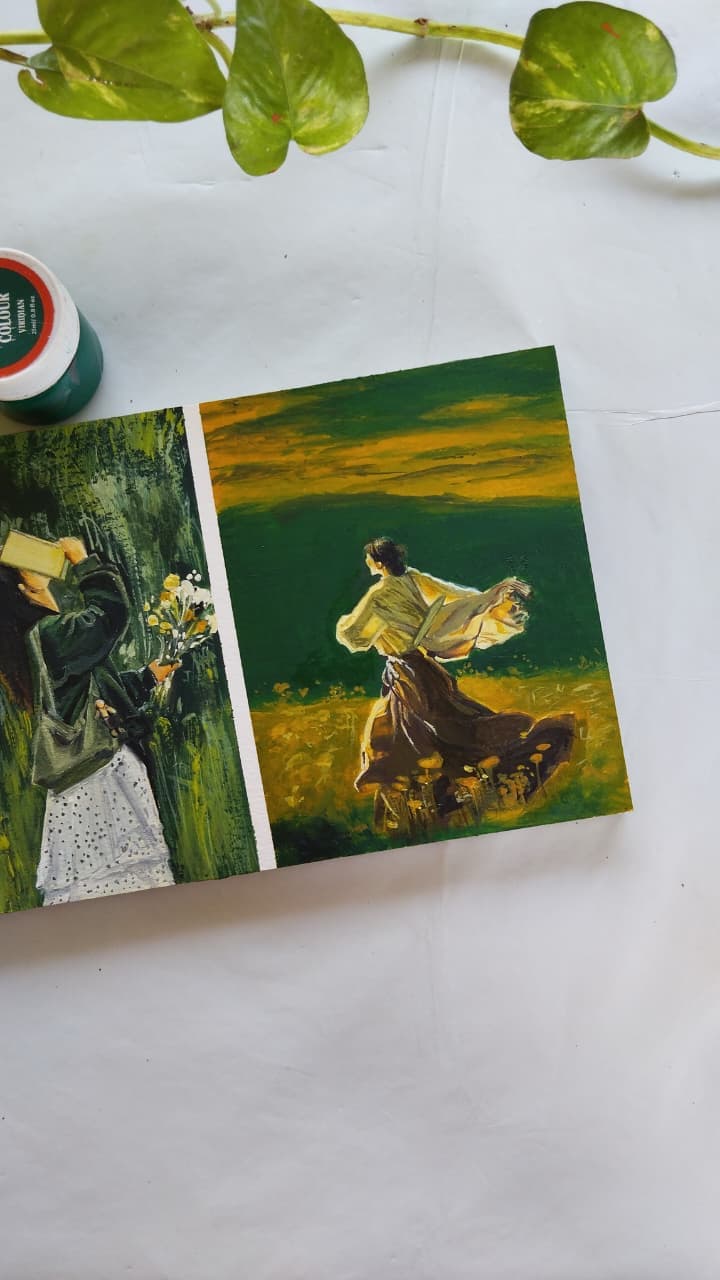 Painting of a woman in a field at sunset